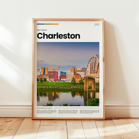 Charleston West Virginia Riverfront Bridge Sunset Minimalist Travel Poster
