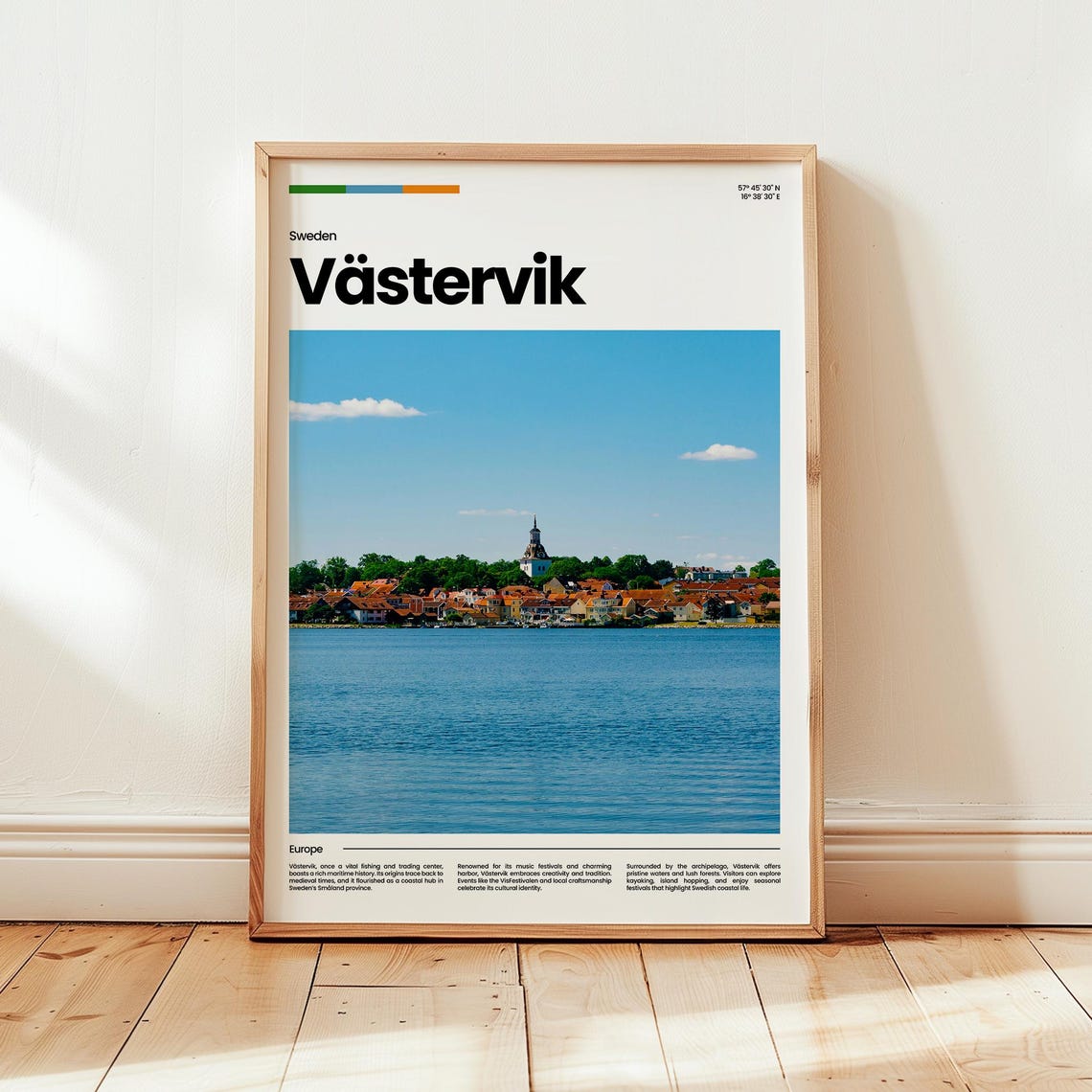 Västervik Sweden Coastal Harbor Church Red Cottages Travel Poster