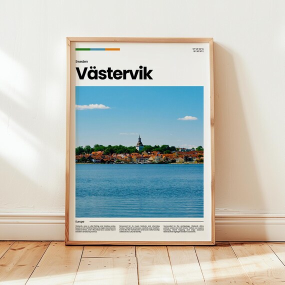 Västervik Sweden Coastal Harbor Church Red Cottages Travel Poster