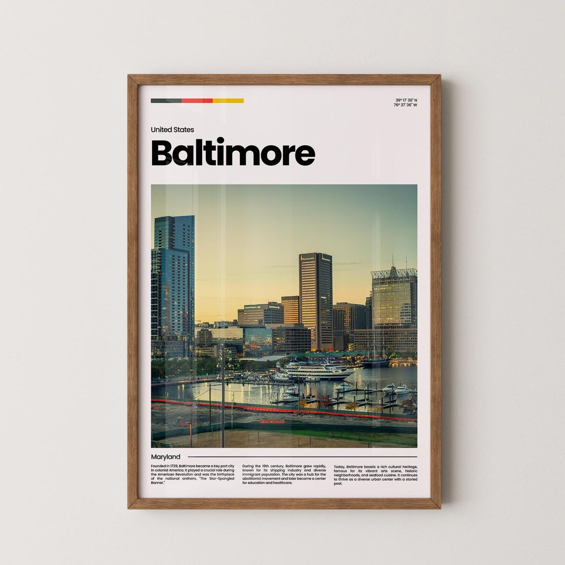 Baltimore Inner Harbor Skyline Maryland Golden Travel Poster