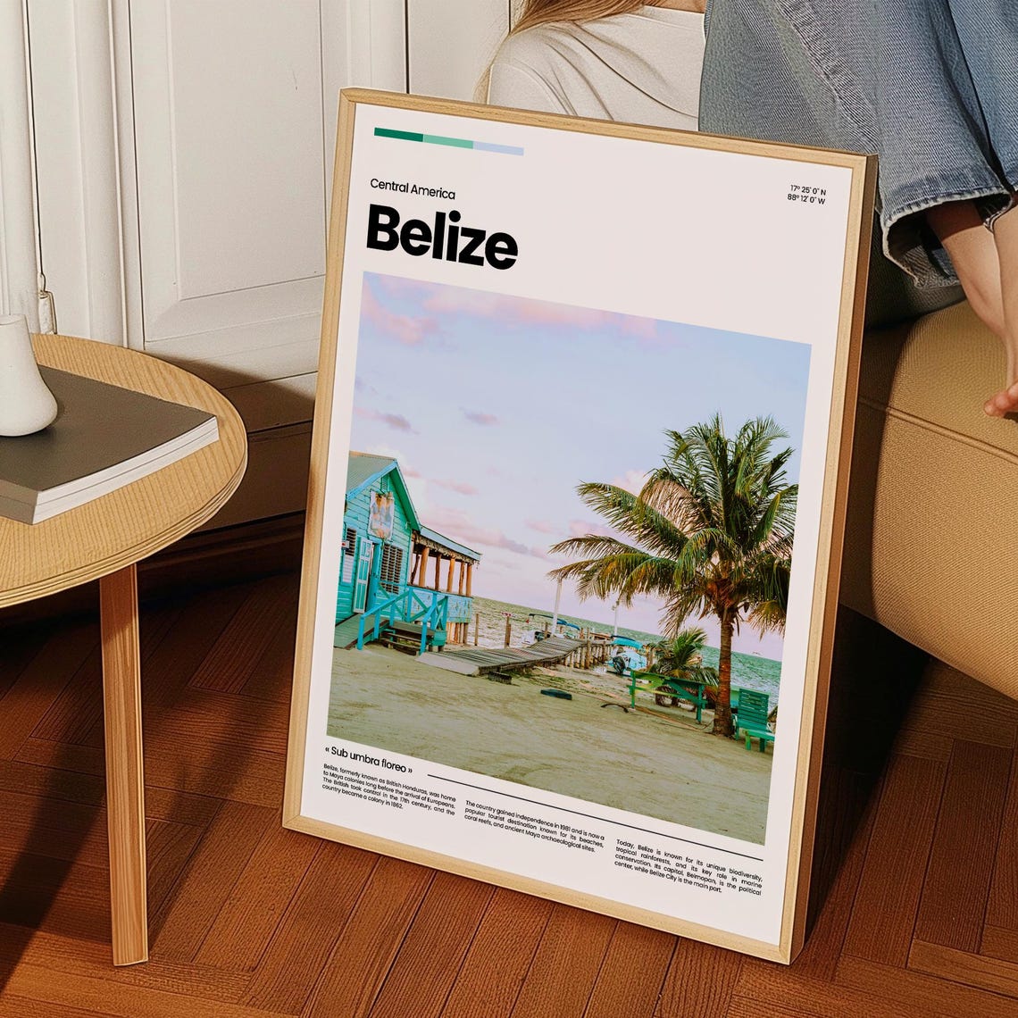 Belize Beach Stilt House Palm Pier Sunset Caribbean Travel Poster - Image 3