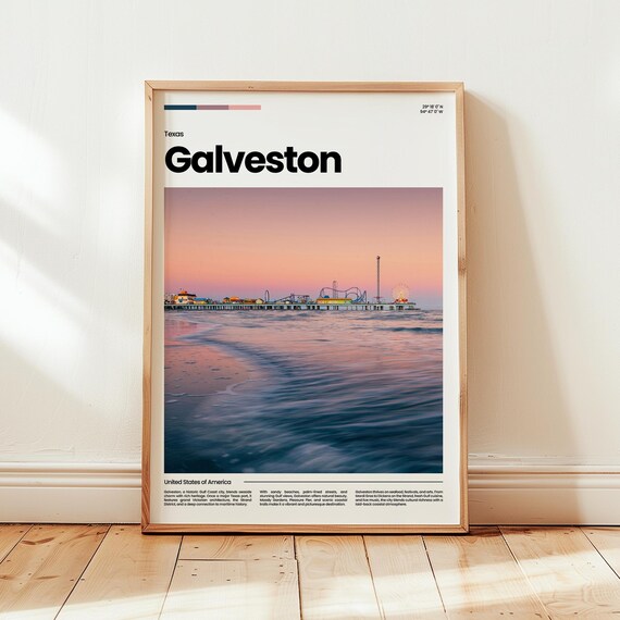 Galveston Texas Seaside Amusement Pier Sunset Ocean View Travel Poster
