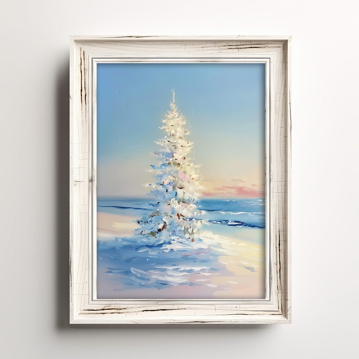 Snowy Beach Christmas Tree Pastel Coastal Winter Scene Art Poster