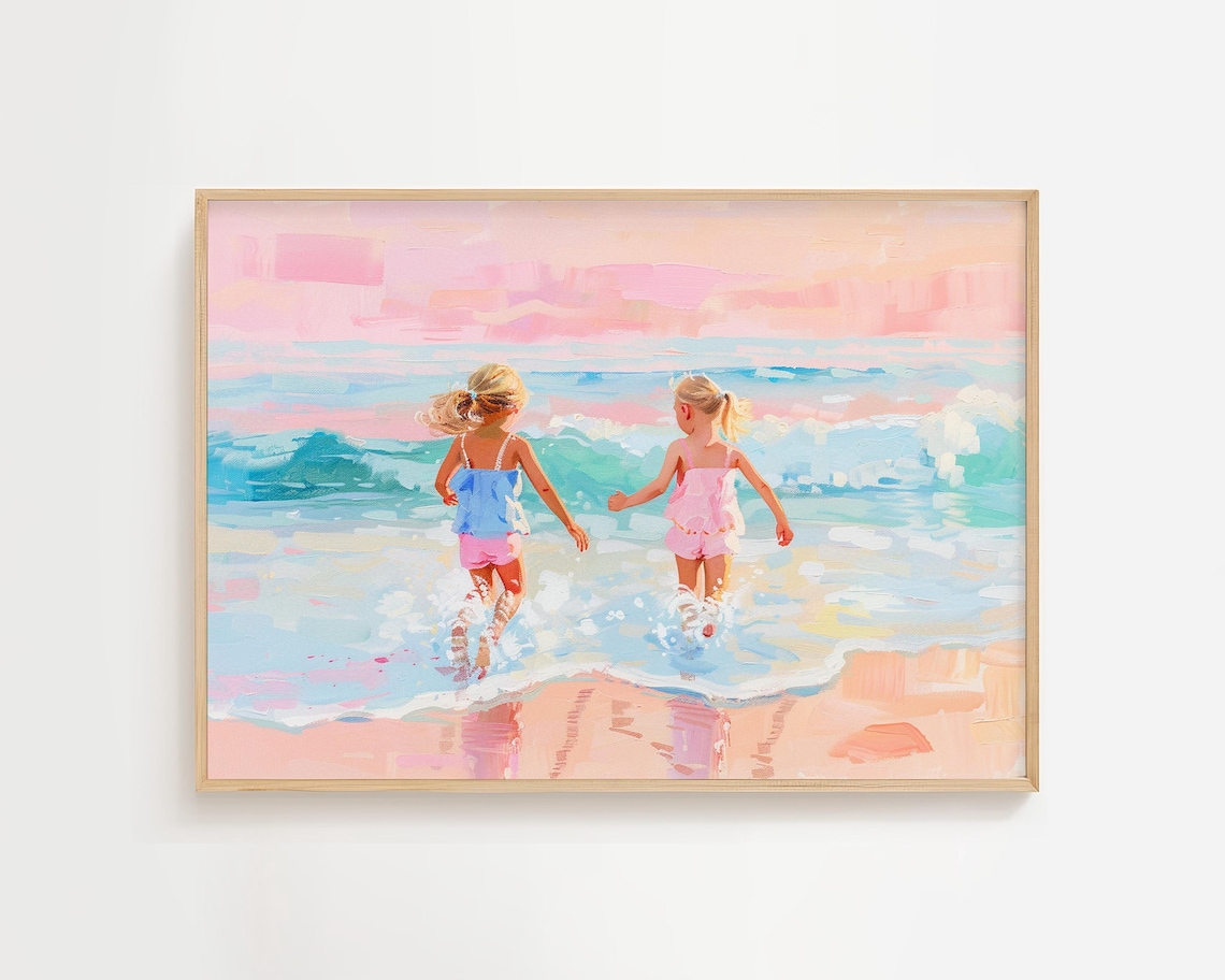 Girls Playing in Waves, Coastal Summer Art Print