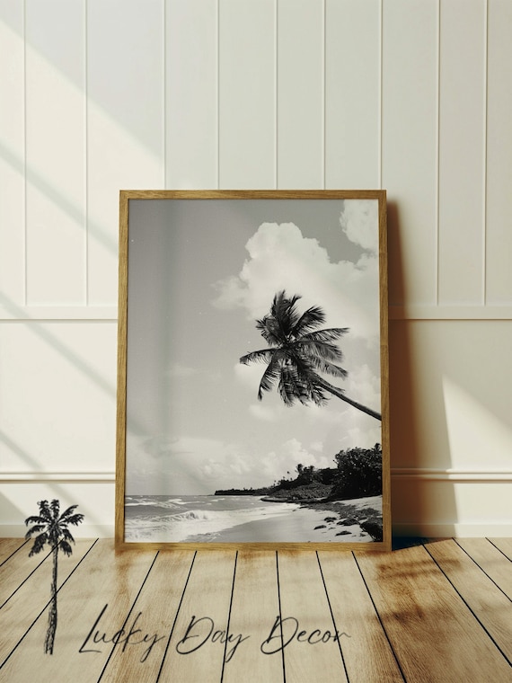 Leaning Palm Tree Black And White Beach Waves Photography Poster