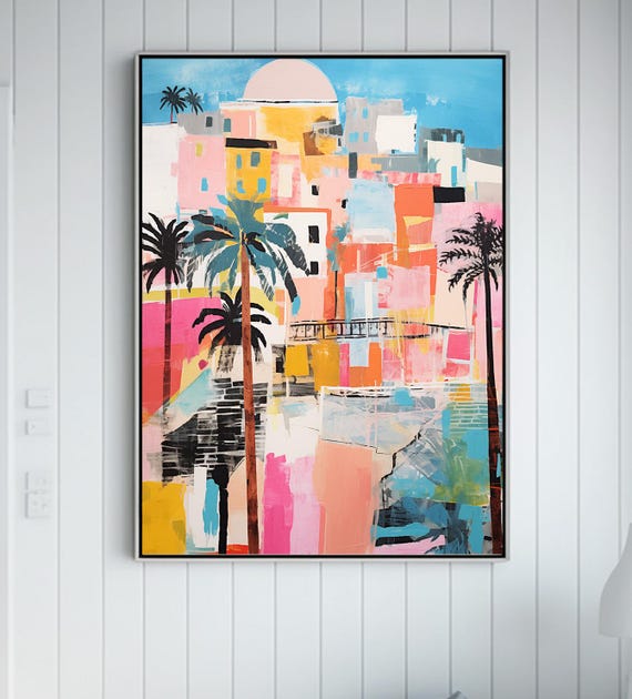 Colorful Mediterranean City River Simplistic European Art Abstract Boho Dining Room Wall Decor Instant