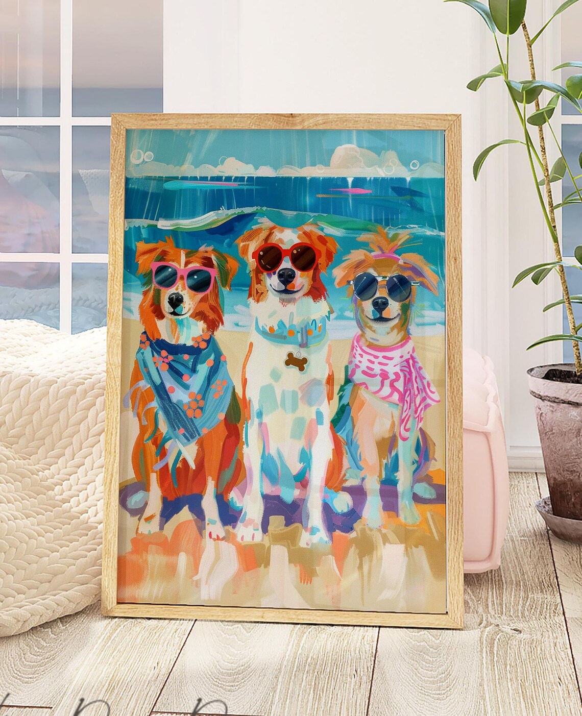 Cool Canines Catching Coastal Rays, Dog Art Print