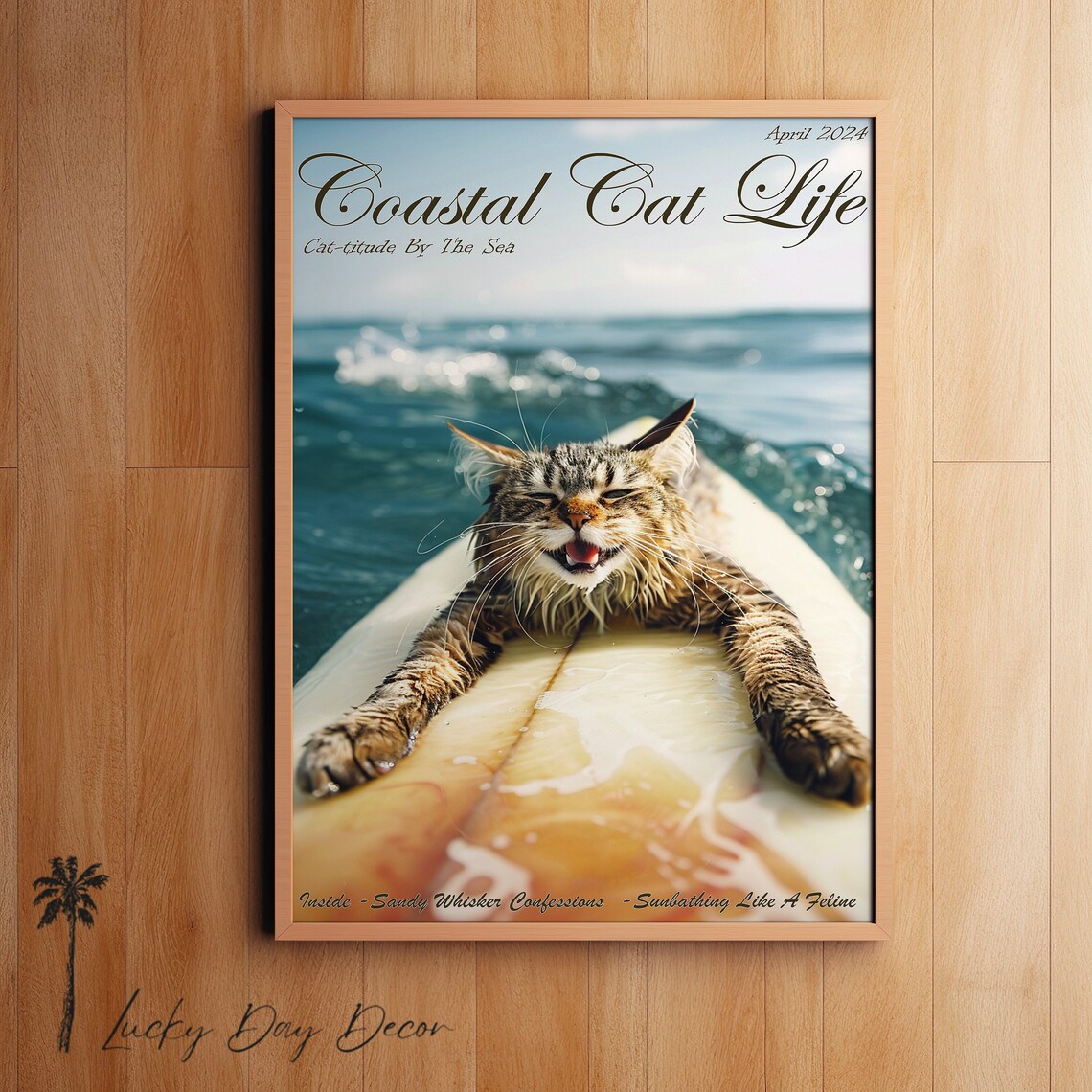 Whimsical Surfing Cat Coastal Funny Wall Art Print