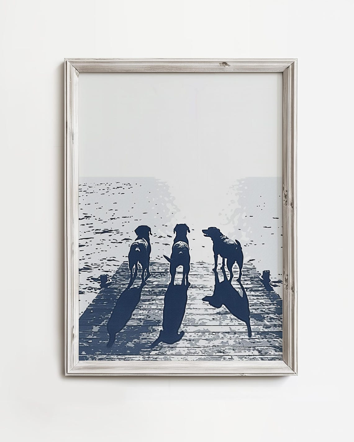 Three Dogs Watching Sunset on Dock Navy Silhouette Art Poster