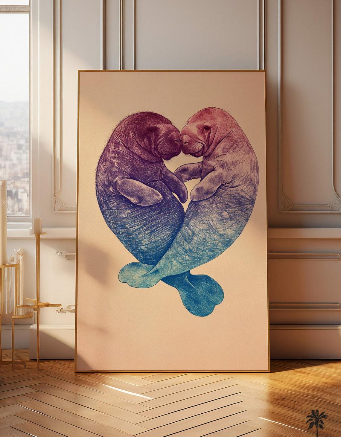 Manatees Kissing Heart Purple Blue Whimsical Sea Life Love Wall Art
