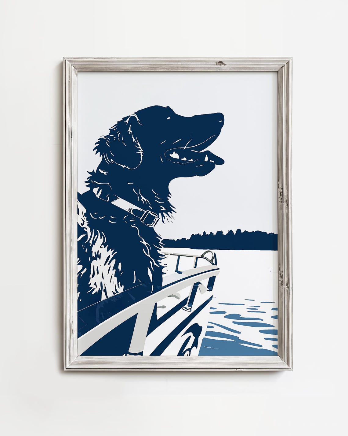 Retriever Dog on Boat Deck Navy Monochrome Coastal Sketch Poster