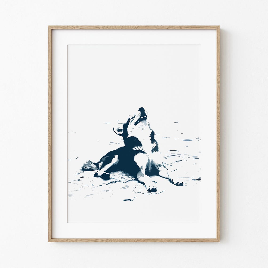 Playful Happy Husky Dog Beach Coastal Summer Navy Ink Art Print