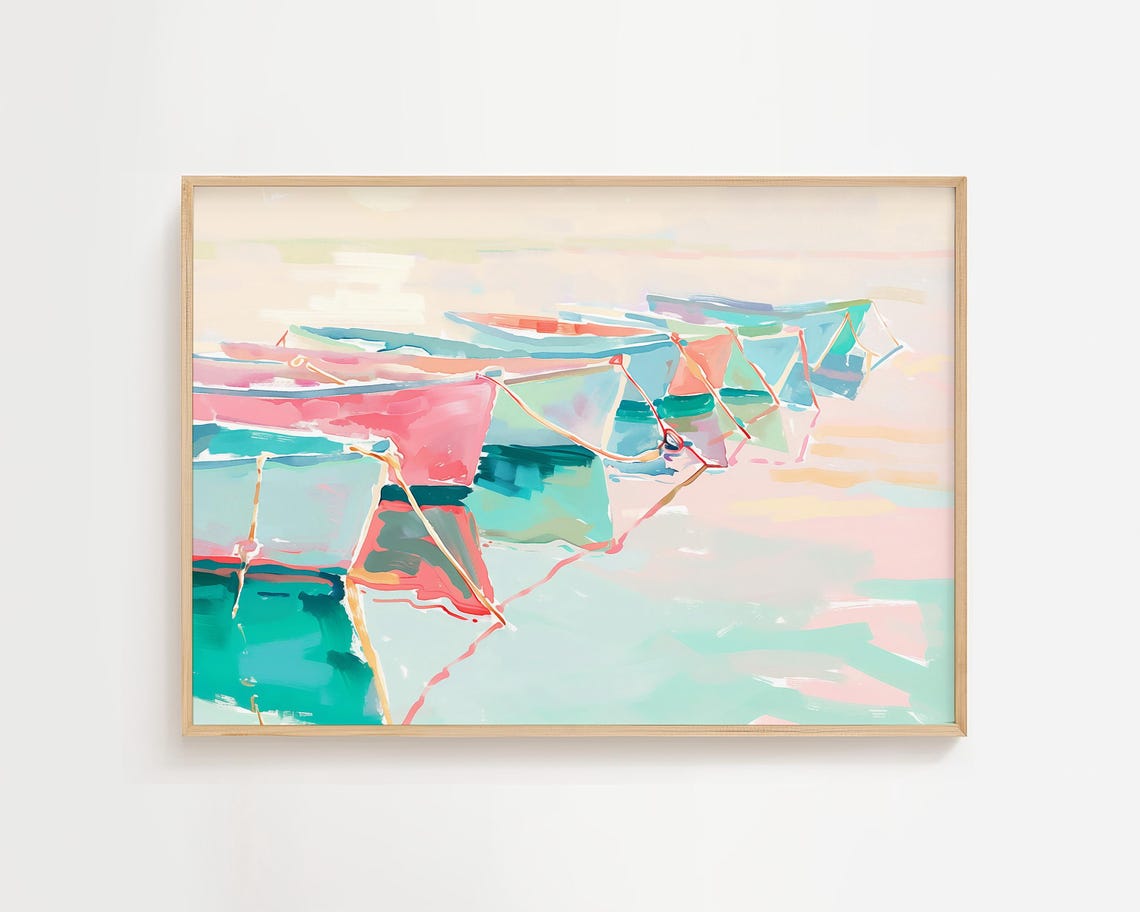 Pastel Rowboats Painting Colorful Coastal Bay Impressionist Art Poster