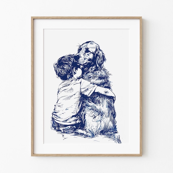 Boy Hugging Golden Retriever Sweet Blue Line Dog Sketch Nursery Poster