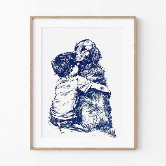 Boy Hugs His Golden Retriever Adorable Cute Dog Sketch Lover Gift Childrens Nursery Room Blue