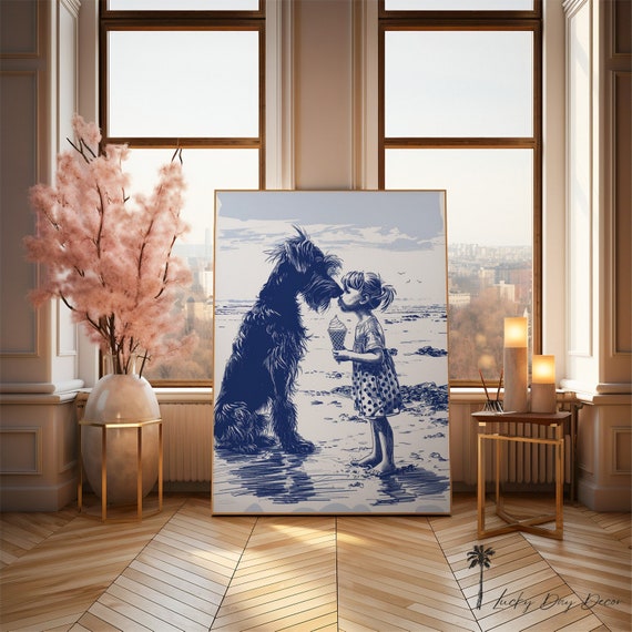 Beach Day Dog Wet Nose Kiss Cute Vintage Coastal Home Nursery Room Wall Art Adorable Fun Lover Navy Blue Sketch