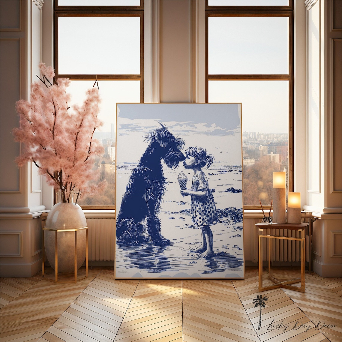 Beach Day Dog Kiss Little Girl Ice Cream Coastal Sketch Poster