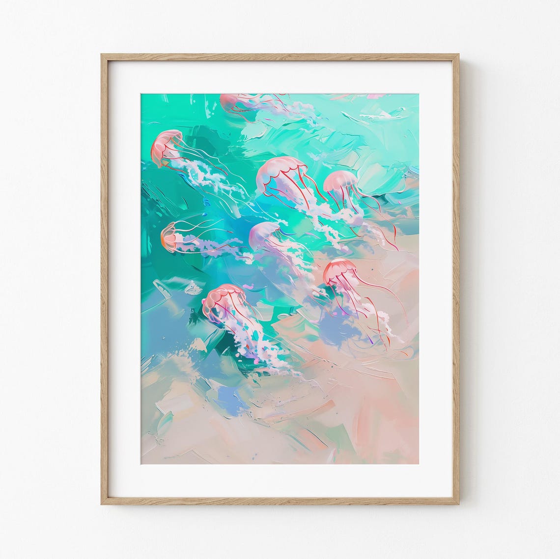 Pink Box Jellyfish In Teal Water Pastel Impressionist Ocean Poster
