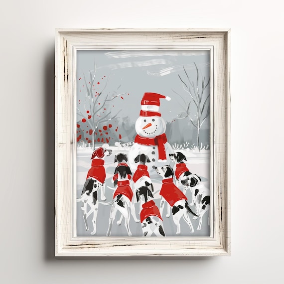 Dalmatian Dogs In Red Coats Around Snowman Christmas Art Poster