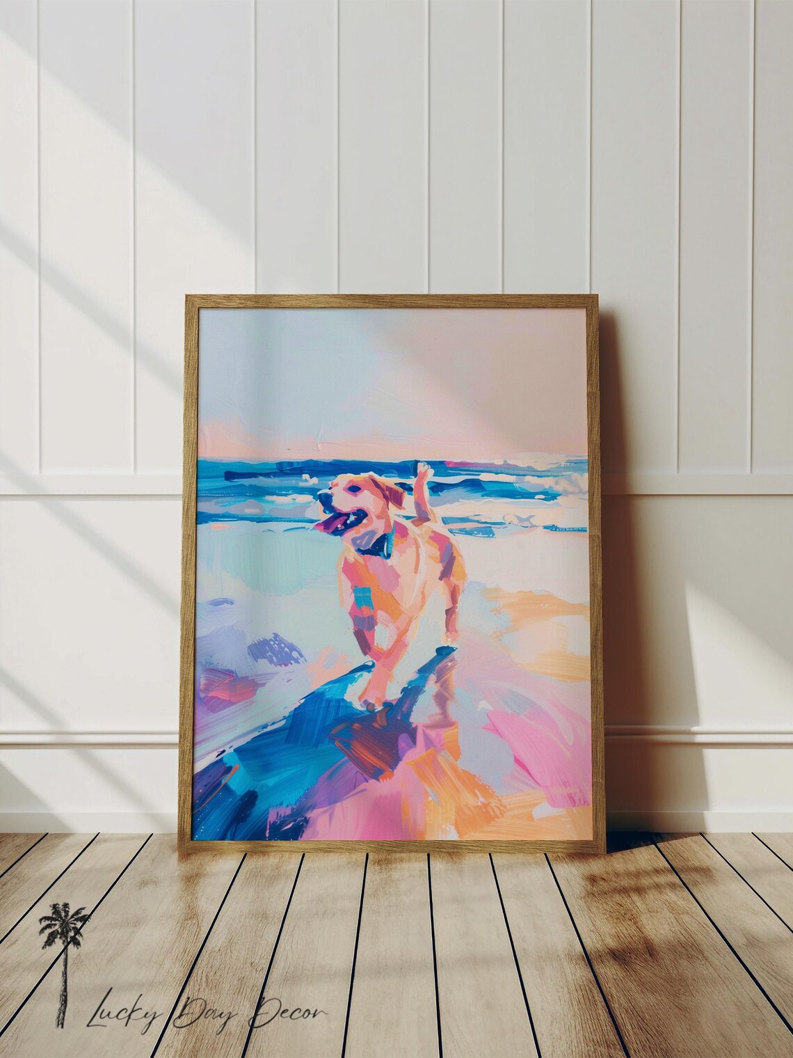 Terrier Strolling The Beach, Coastal Pet Portrait Art Print