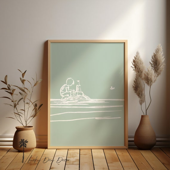 Boy Building Sand Castle Coastal Home Art Simplistic Beach Life Nursery Childrens Room Cute Adorable