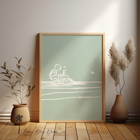 Boy Building Sandcastle Minimalist Line Art Sage Green Beach Poster
