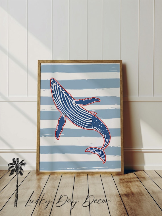 Big Blue Humpback Whale Striped Coastal Ocean Nursery Art Poster