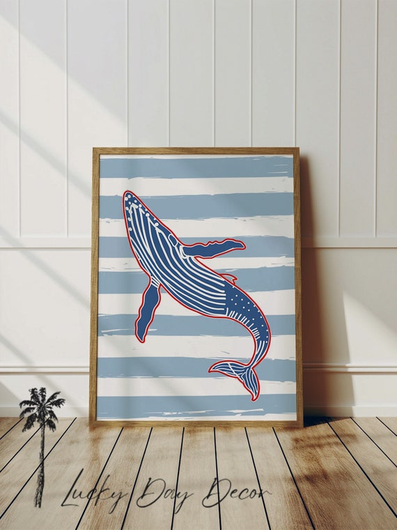 Happy Humpback Whale Blue Sea Life Decor Bathroom Nursery Wall Art Print Inspired Beach Ocean Trendy