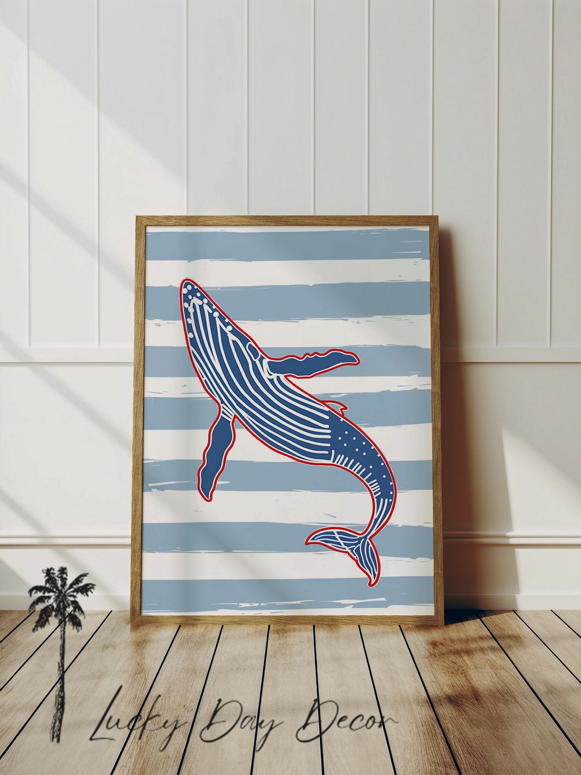 Big Blue Humpback Whale Striped Coastal Ocean Nursery Art Poster