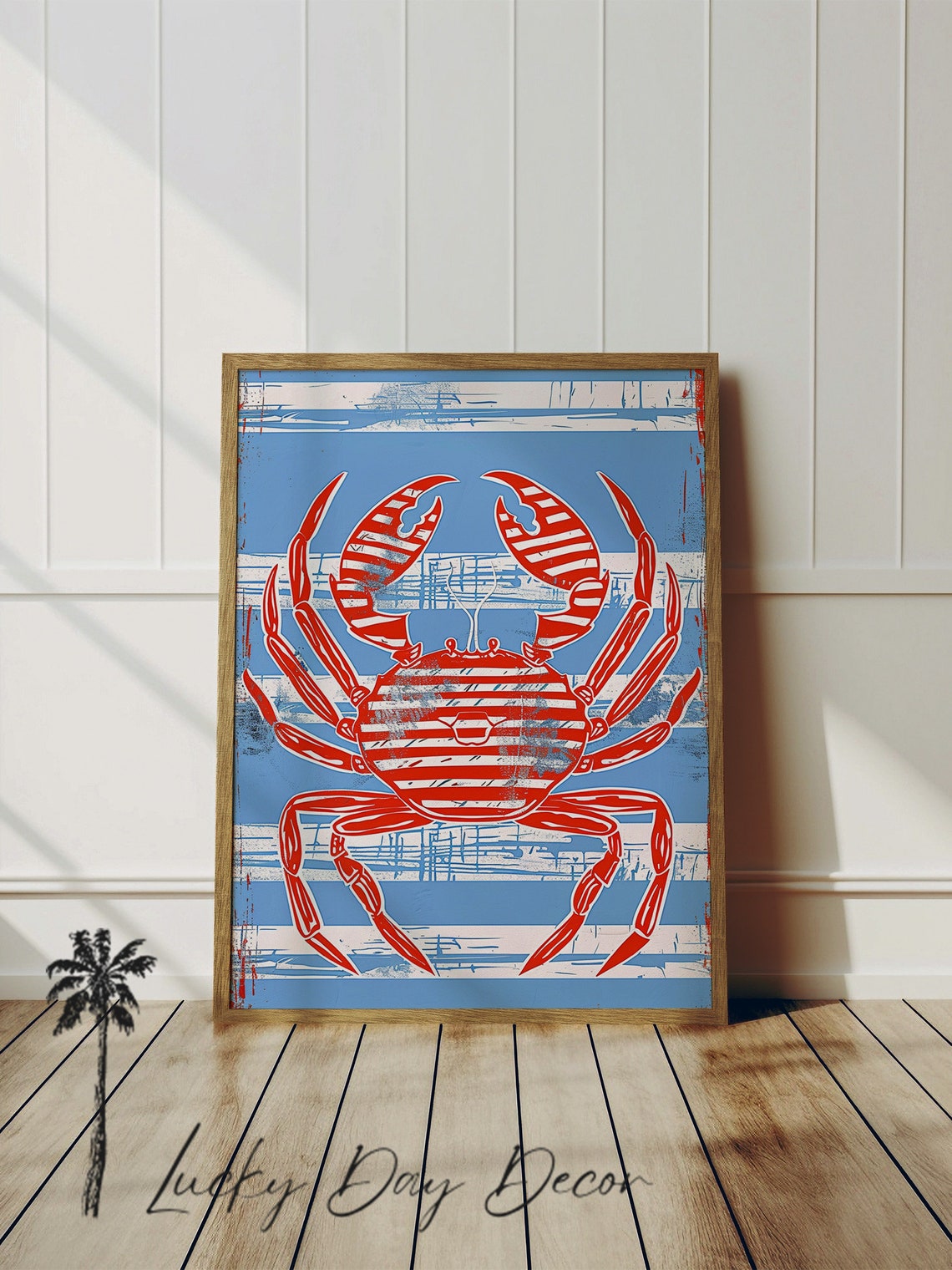 Red Crab Retro Coastal Graphic Blue Striped Nautical Art Poster