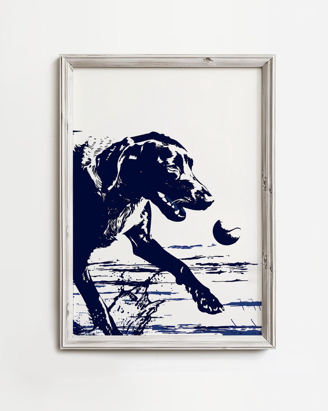 Labrador Chasing Tennis Ball Navy Beach Dog Silhouette Poster