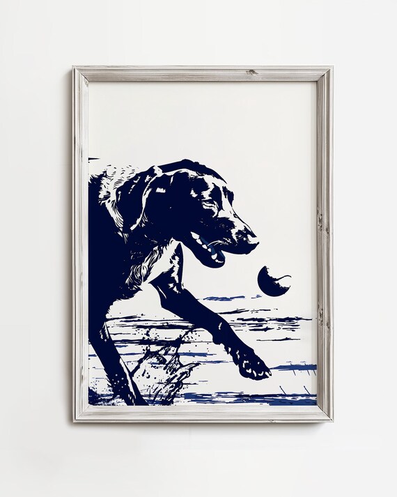 Labrador Chasing Tennis Ball Navy Beach Dog Silhouette Poster