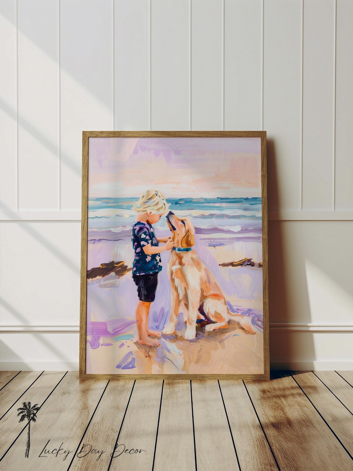 Golden Retriever Best Friends Beach Painting Art Print