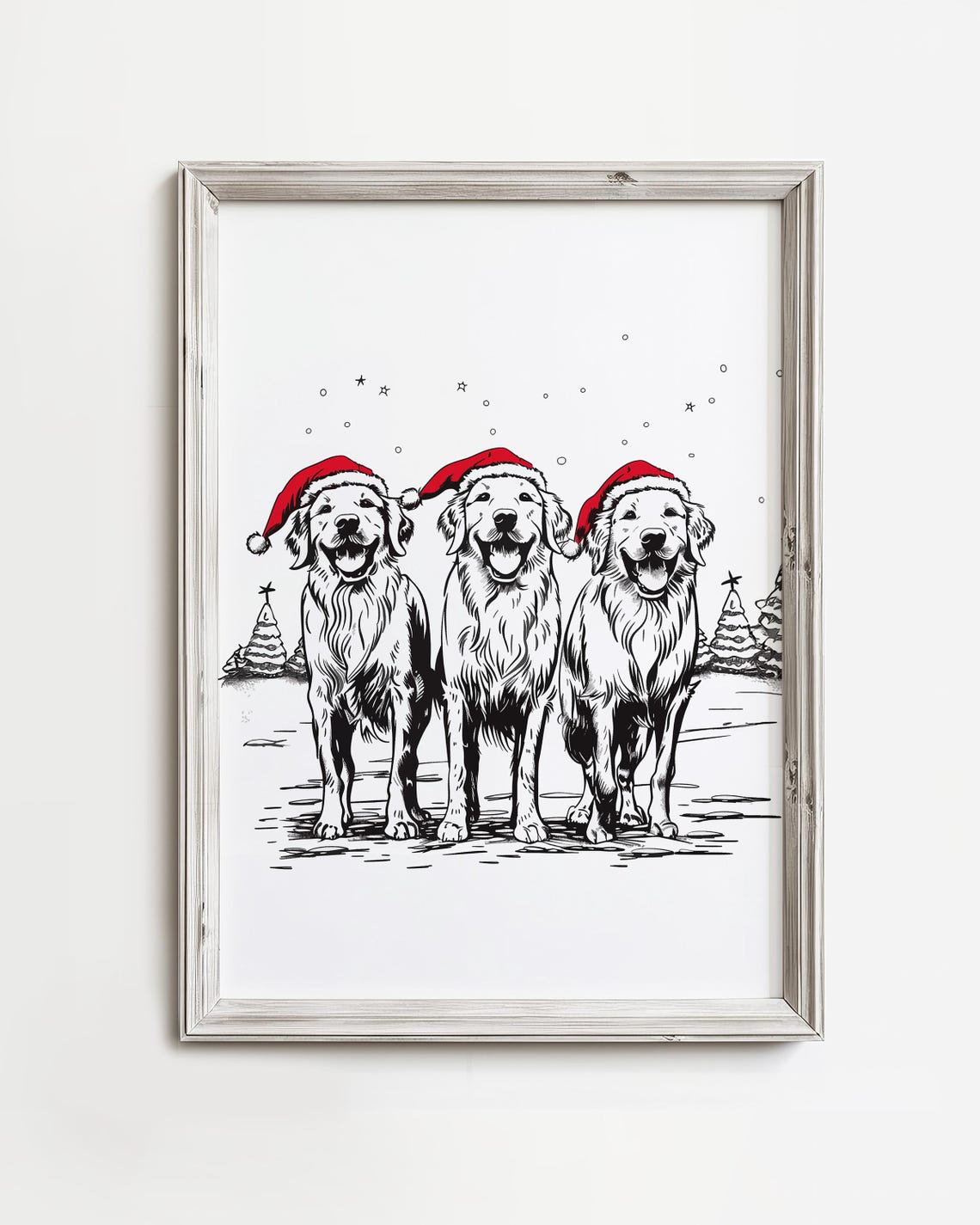 Three Smiling Golden Retrievers in Santa Hats Christmas Dog Poster