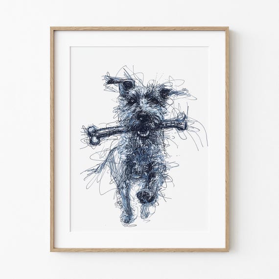Every Dog Finds A Bone Funny Joyful Loving Art Simplistic Minimalist Wall Decor Navy Blue Line Sketch Print