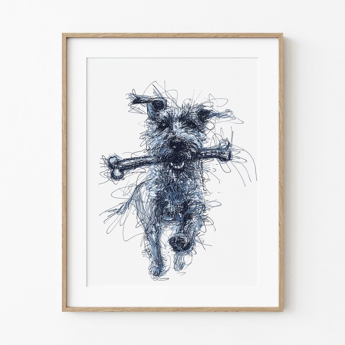Every Dog Finds A Bone Funny Joyful Loving Art Simplistic Minimalist Wall Decor Navy Blue Line Sketch Print