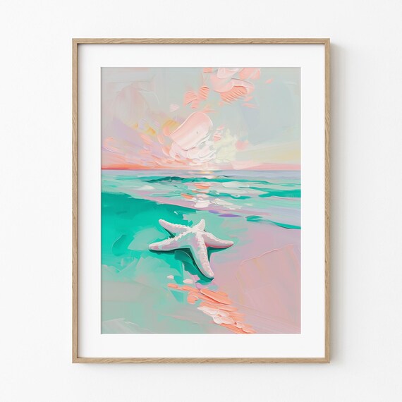 Serene Pastel Starfish On Beach Sunset Colorful Ocean Painting Print