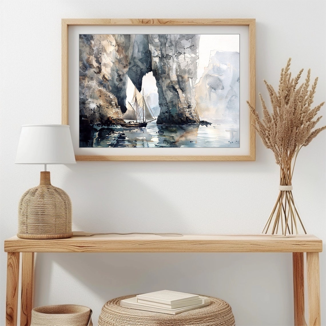Sailboat Passing Through Towering Sea Arch Watercolor Seascape Poster - Image 3