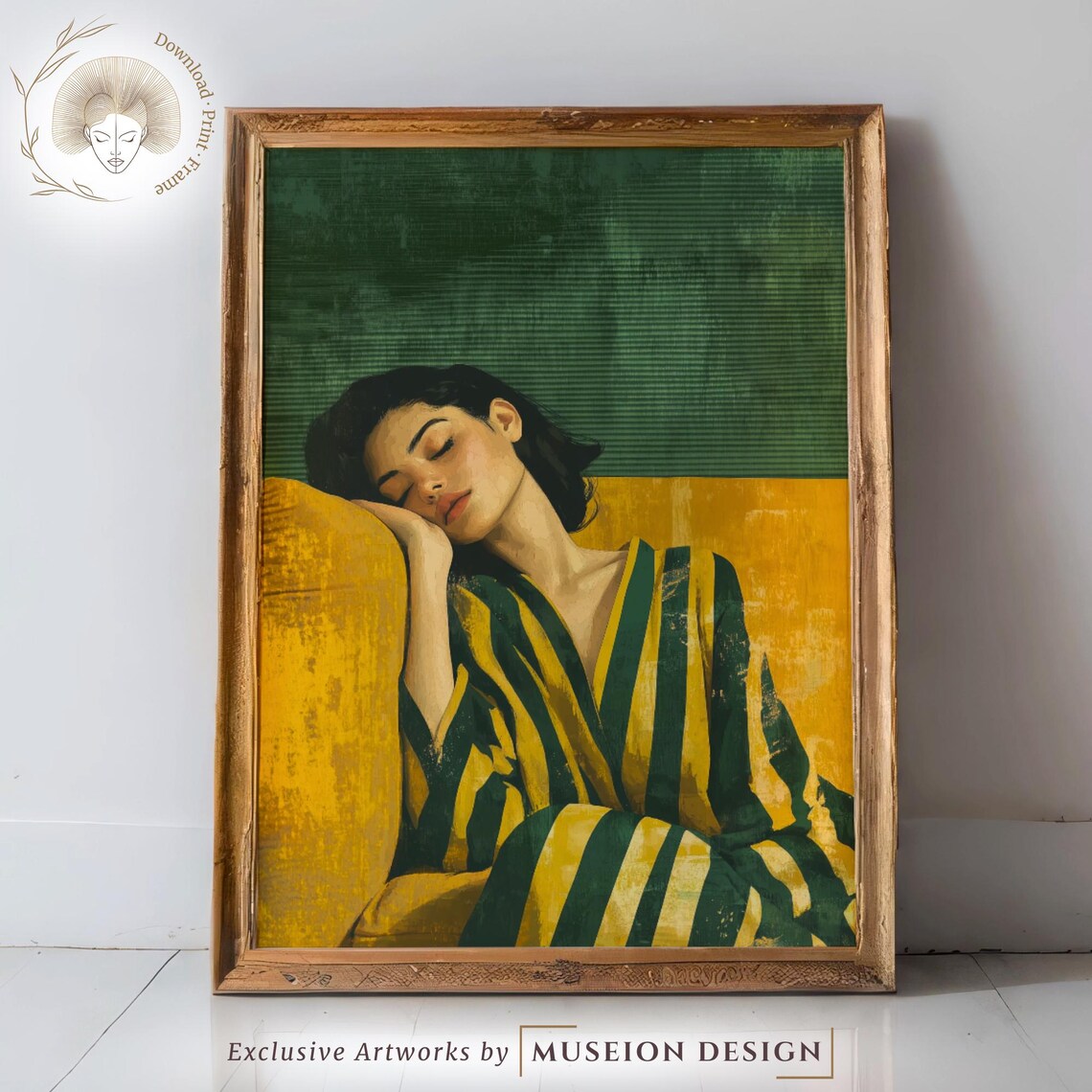 Abstract Woman Portrait Print Green Yellow Vintage Wall Art
