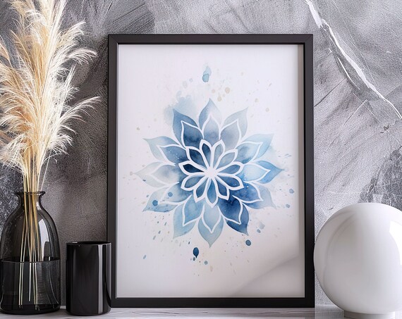 Blue Lotus Mandala Watercolor White Line Yoga Zen Wall Poster