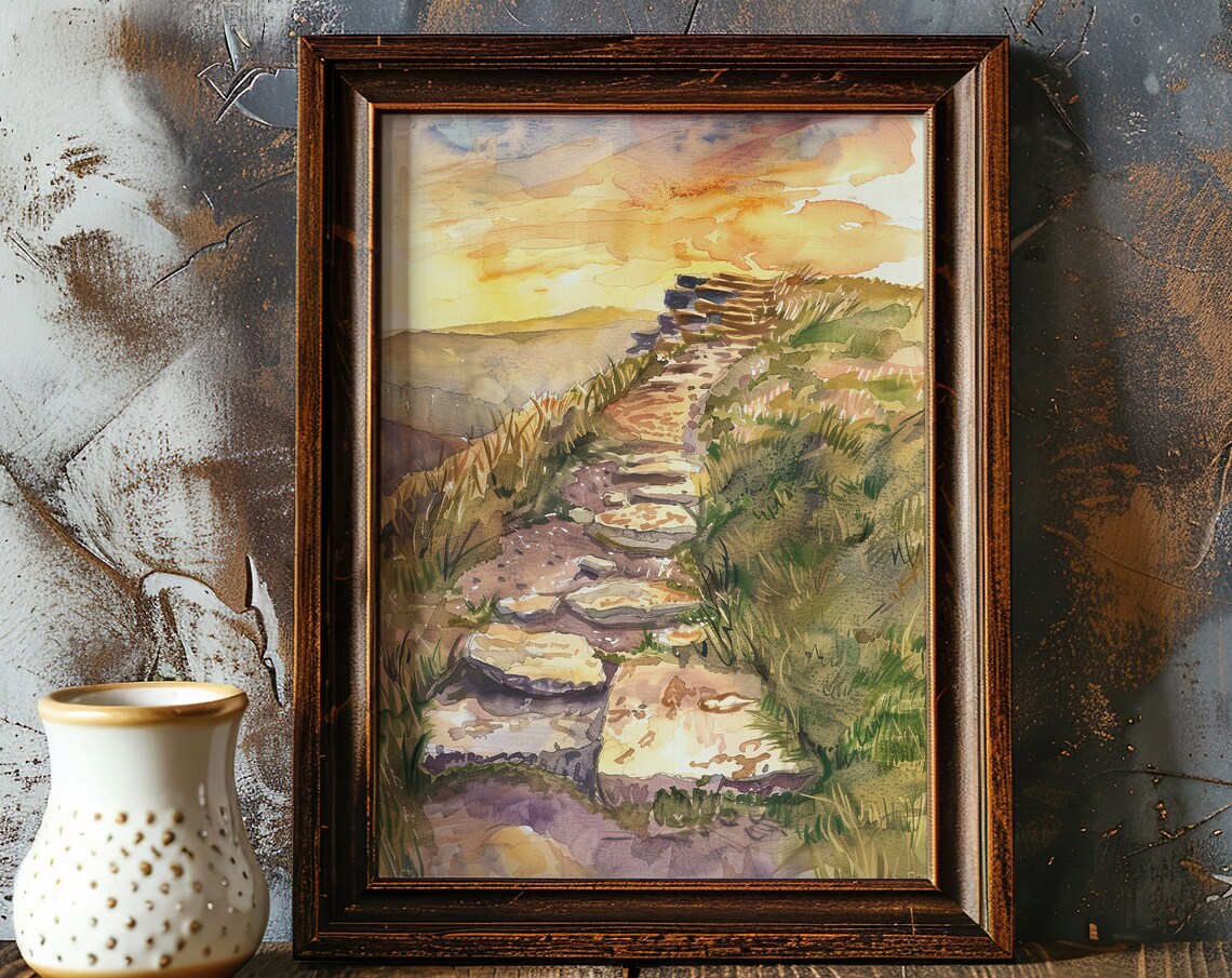 Coastal Cliff Stone Path Watercolor Sunset Golden Hour Art Poster - Image 5