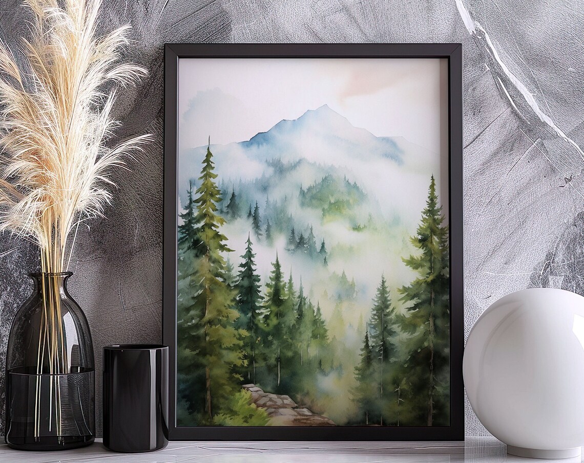 Misty Mountain Ridge Pine Forest Watercolor Painting Poster for Homes