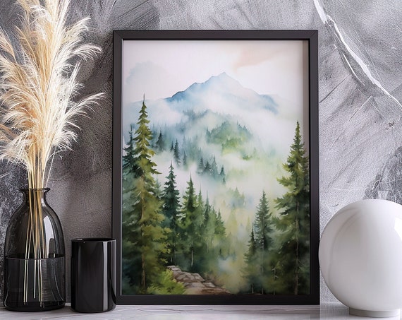 Mountain Forest Painting Wall Art Poster Gift Watercolor Colorful Painting Illustration Nature Minimalist Decor Farm House