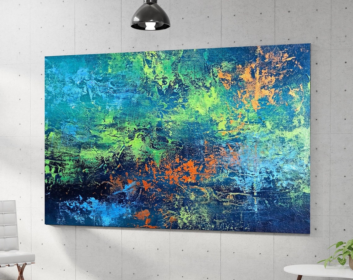 Blue Green Orange Vibrant Textured Abstract Horizontal Art Poster
