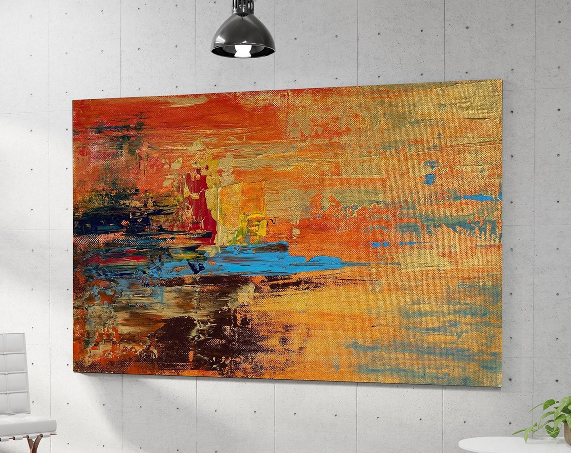 Fiery Orange Gold Blue Sunset Textured Abstract Horizontal Poster