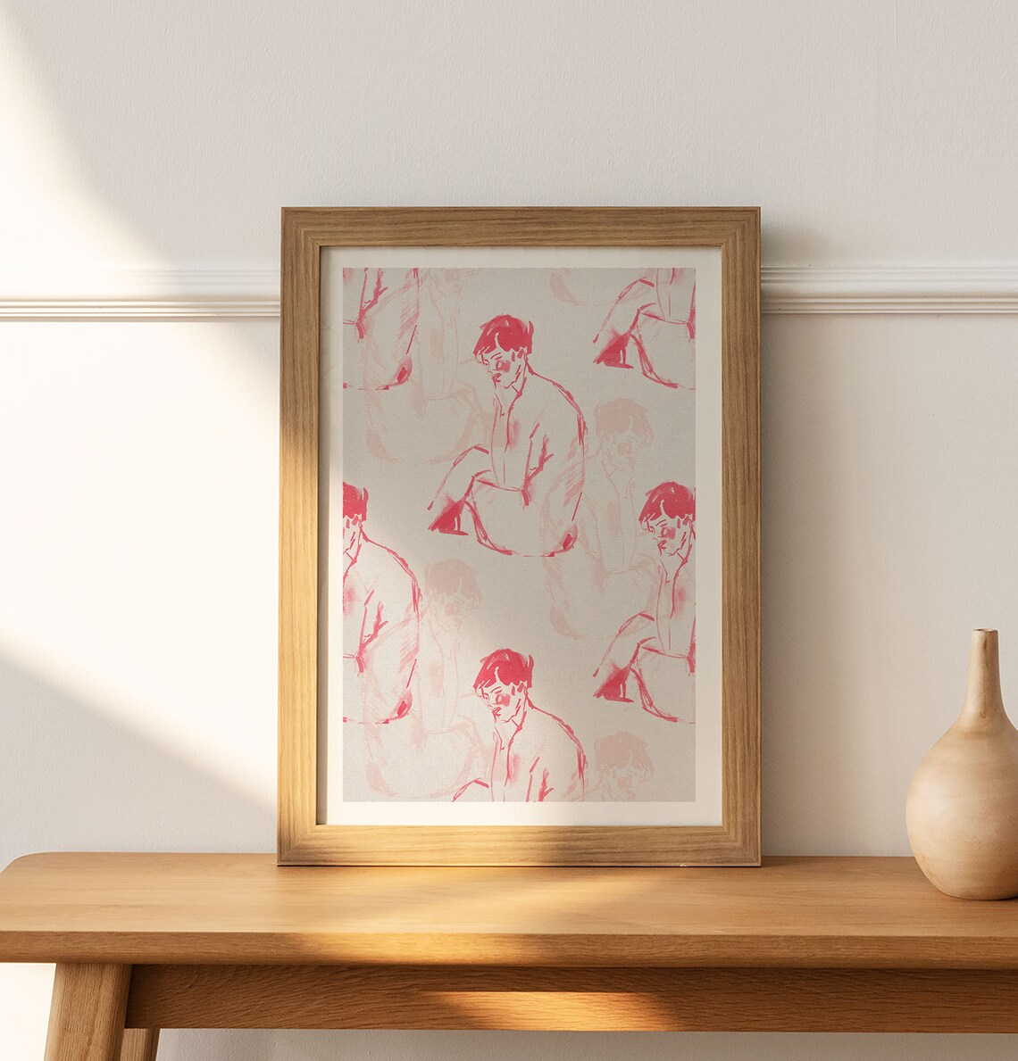 Red Line Drawing Seated Man Sketch Pattern Modern Minimalist Art Poster - Image 2