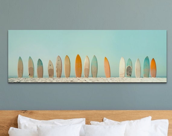 Pastel Color Palette Surfboard Lineup Ready To Hang Panoramic Wall Art Prints Retro Style Surf Art Panoramic Wall Art