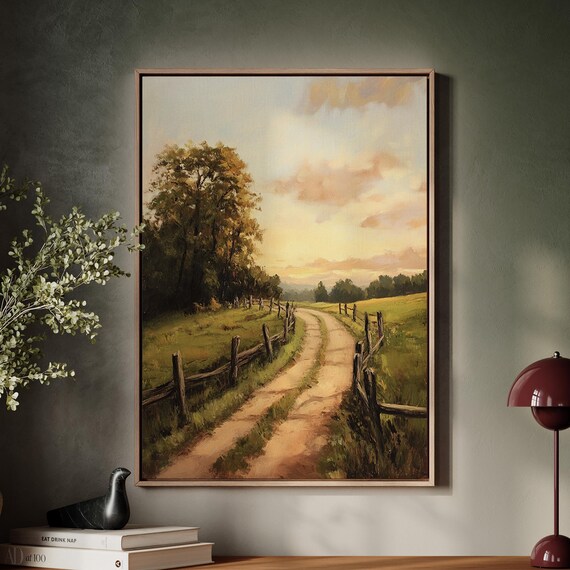 Sunset Country Road Painting Rustic Landscape Wall Art Farmhouse Decor Serene Countryside Path Rolling Hills Home Print