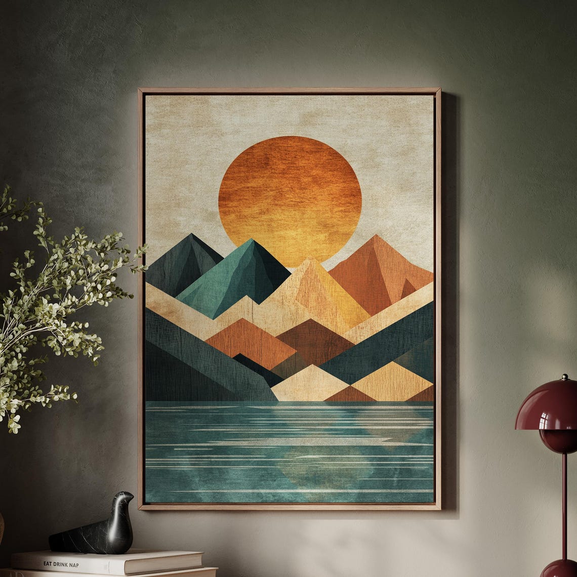 Modern Geometric Mountain Print Abstract Nature Art With Sun And Lake Earthy Tones Wall Decor For Home Office Or Gift