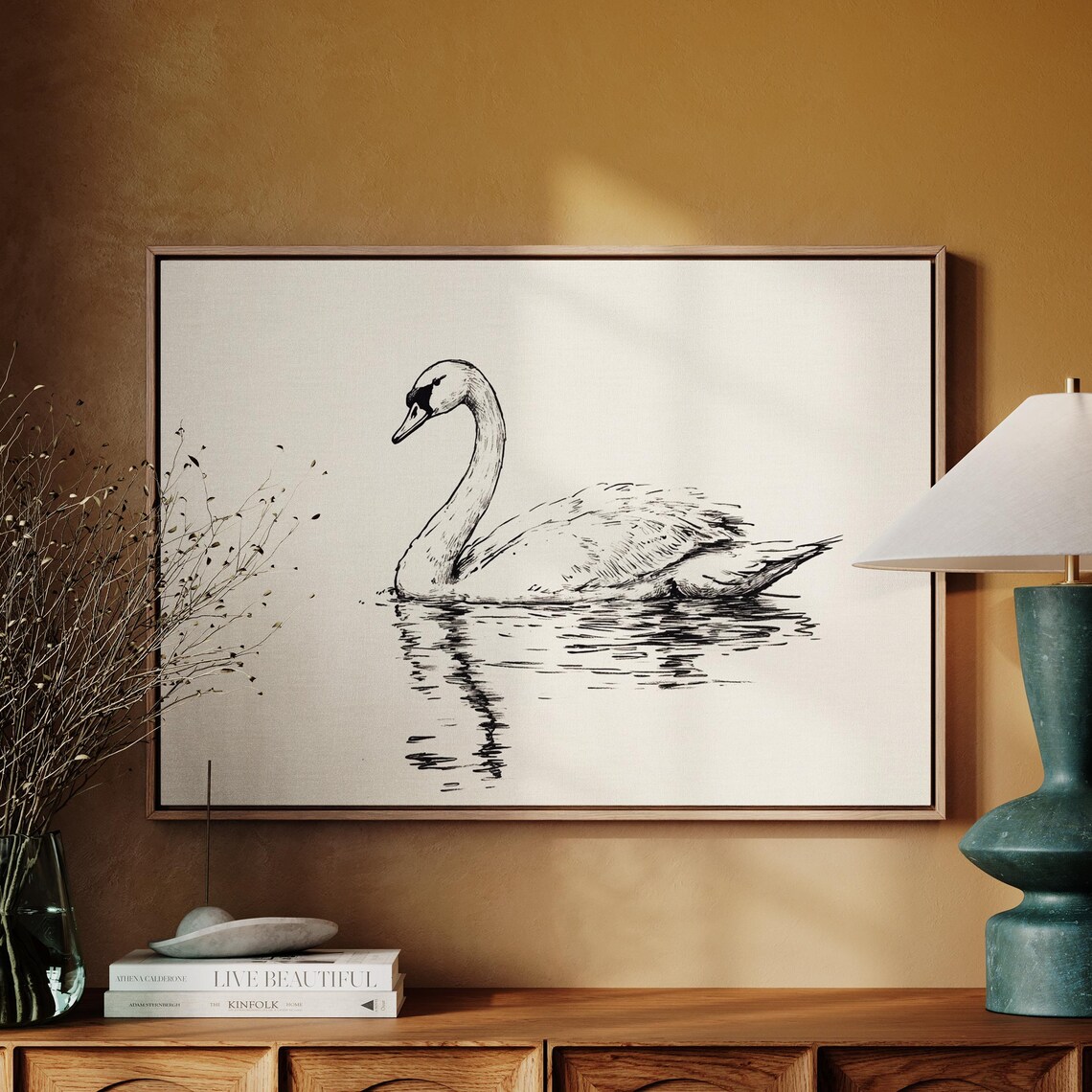 Elegant Swan Ink Drawing, Minimalist Bird Art